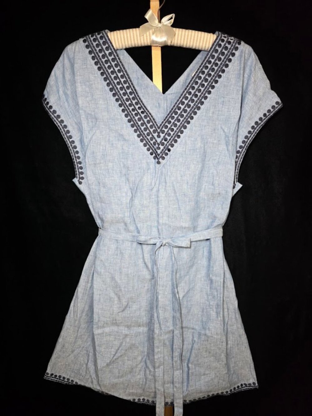 Boden Blue Chambray Swim Coverup l Dress with Navy Embroidery 16-18